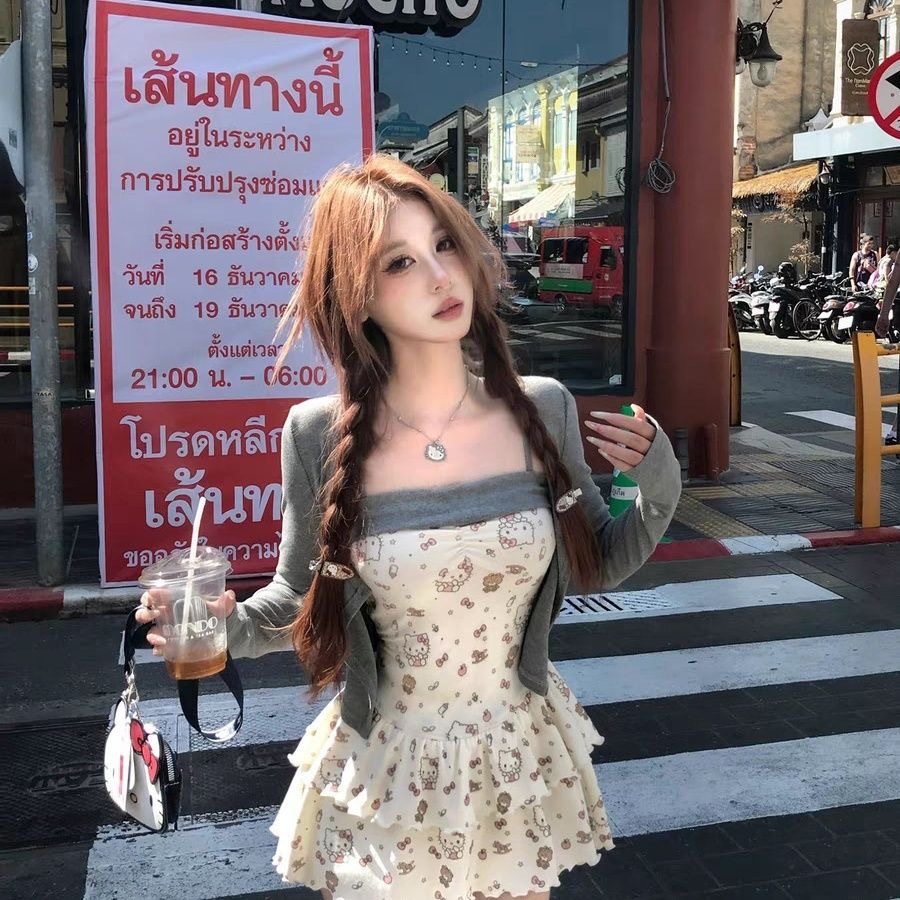 New Spring Cardigan Sweet and Spicy Floral Slim-fit Two-piece Set Slimming Gentle Elegant Pure suit Sling dress