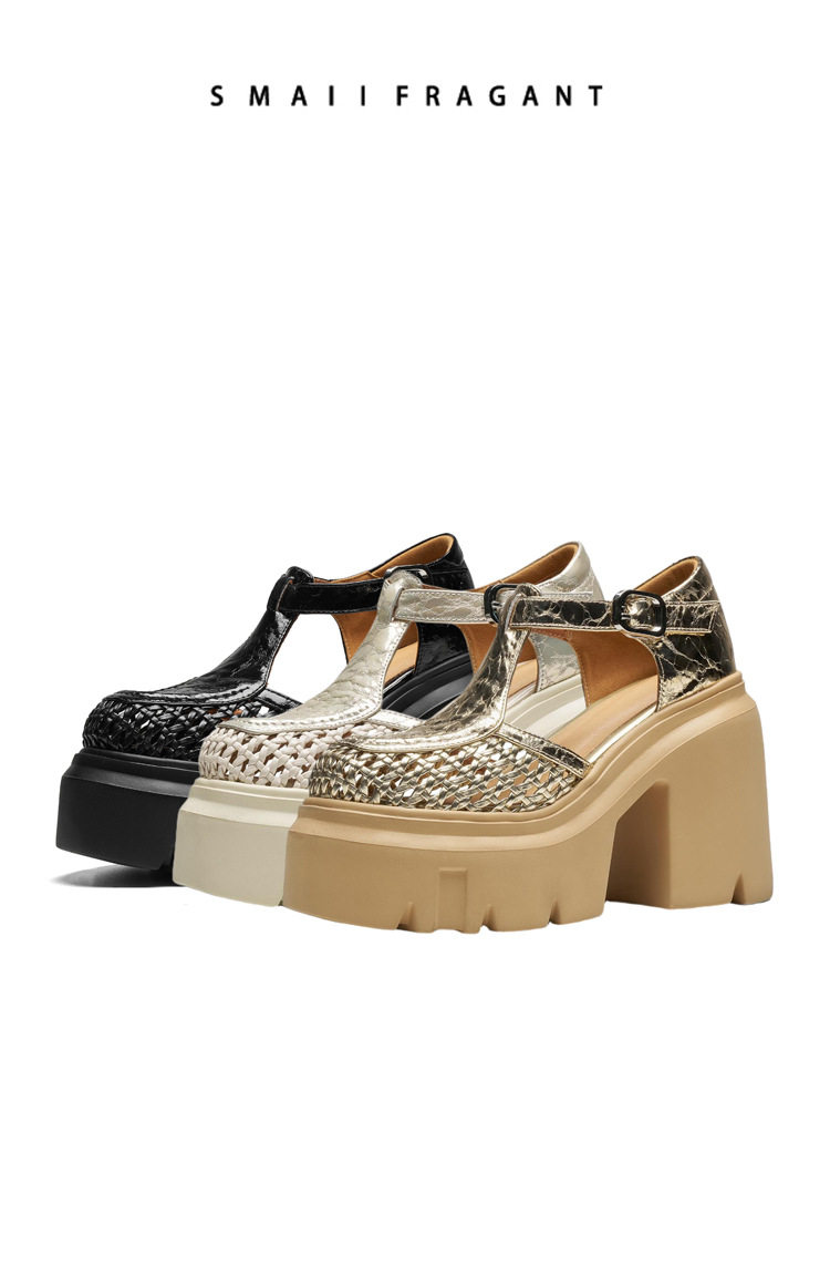 Sandal cao gót nữ quai ngang mũi kín đan lát gót vuông 12 cm phong cách Mary Jane — [Trắng kem], [Đen], [Vàng nhạt] chi tiết 8