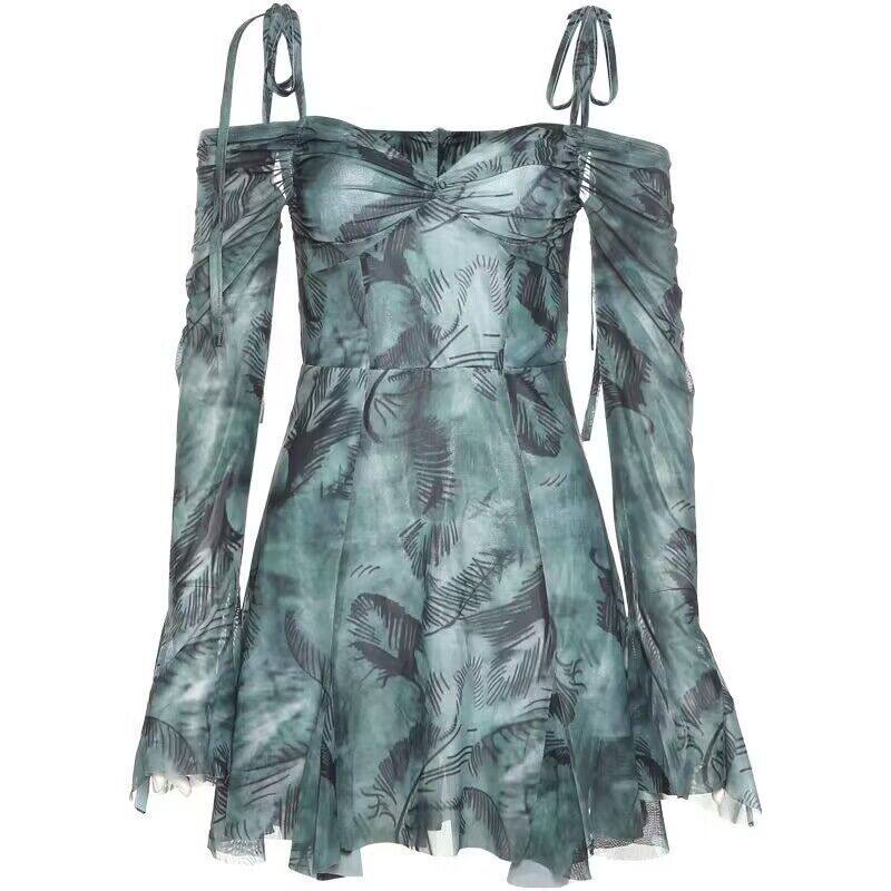 Summer Floral Print Off Shoulder Dress Slim Fit Bell Sleeves Adjustable Straps Casual Wear for Women Wholesale