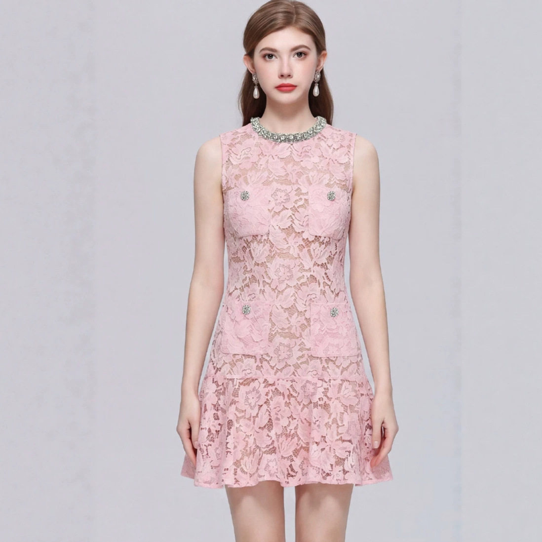 Lace A Line Dress Embellished Sleeveless High Waist Hollow Out Elegant Office Wear for Women OEM Available