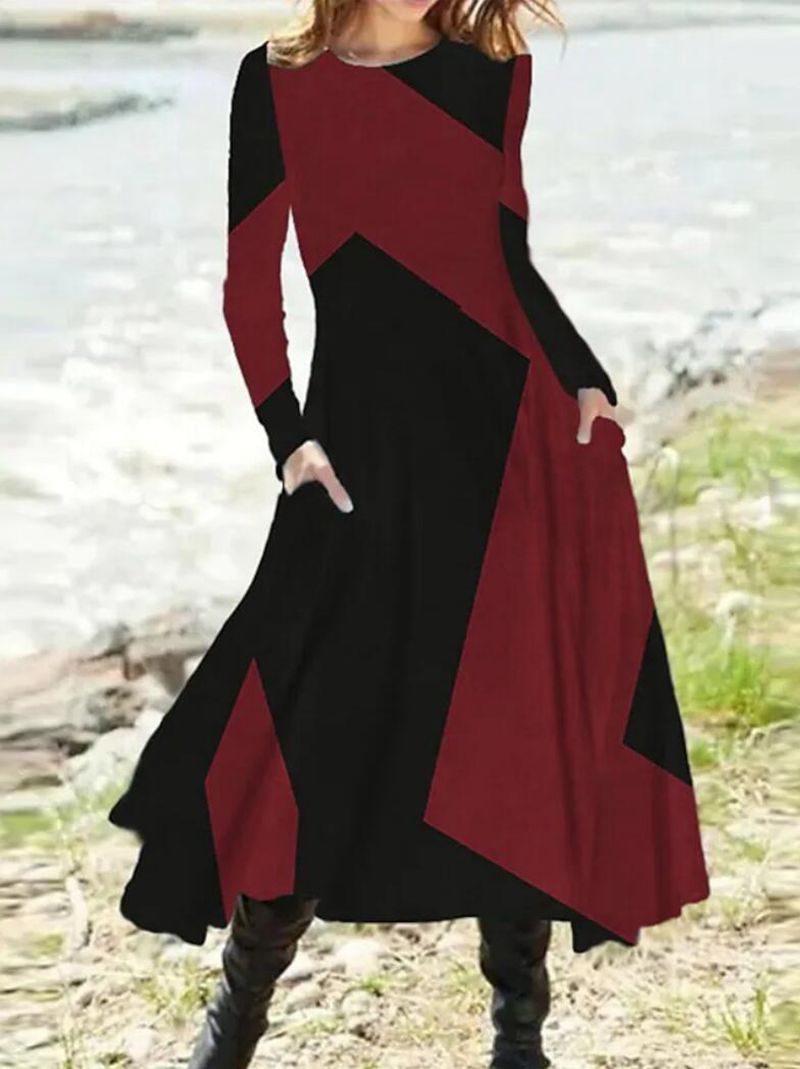 Long Sleeve A Line Dress with Pockets and Geometric Pattern for Fall Winter in Gray Red Blue Khaki