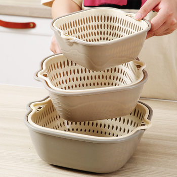Double-Layer Vegetable Sink Drain Basket Six-Piece Set Kitchen Fruit Plate Living Room Household Square Vegetable Washing Basin Vegetable Basket