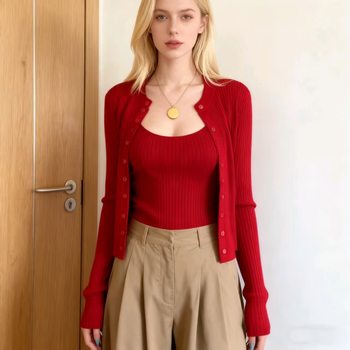 Cross-Border Export Pure Lust Temperament Knitted Cardigan Women's Camisole Two-Piece Set Autumn Korean Style Slim Top Jacket