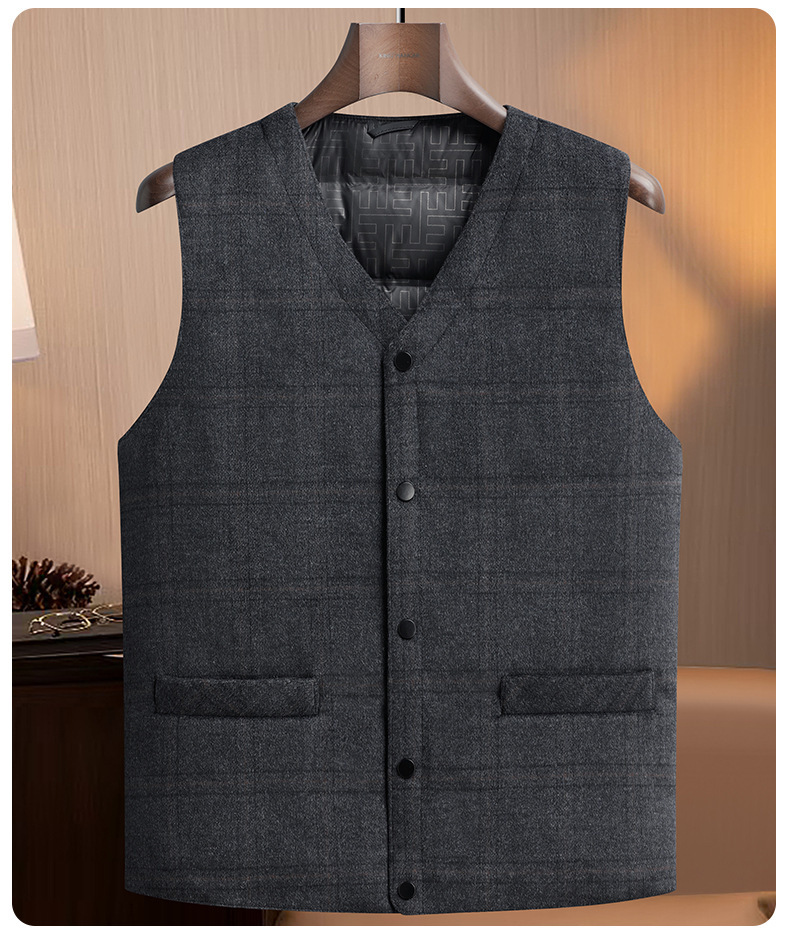 Áo gile phao len nam dáng vest không cổ, lông vũ trắng 80% giữ ấm mùa thu đông — cà phê, đen, lưới màu xám đậm, lưới màu xám nhạt