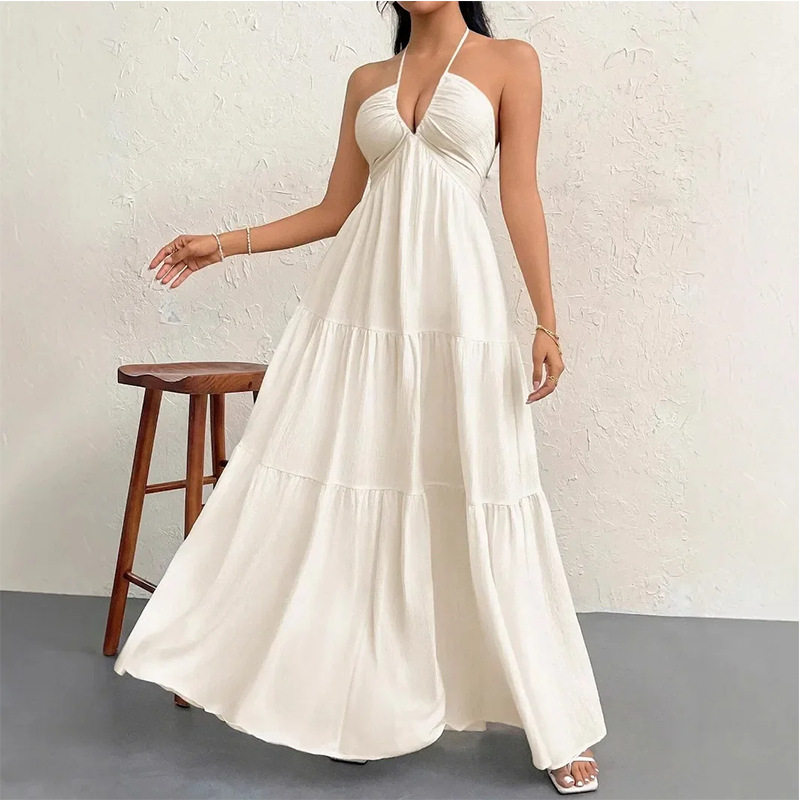 Summer Womens Maxi Dress Sexy Halter Neck Deep V Open Back Tied Design Vacation Style Wholesale Available