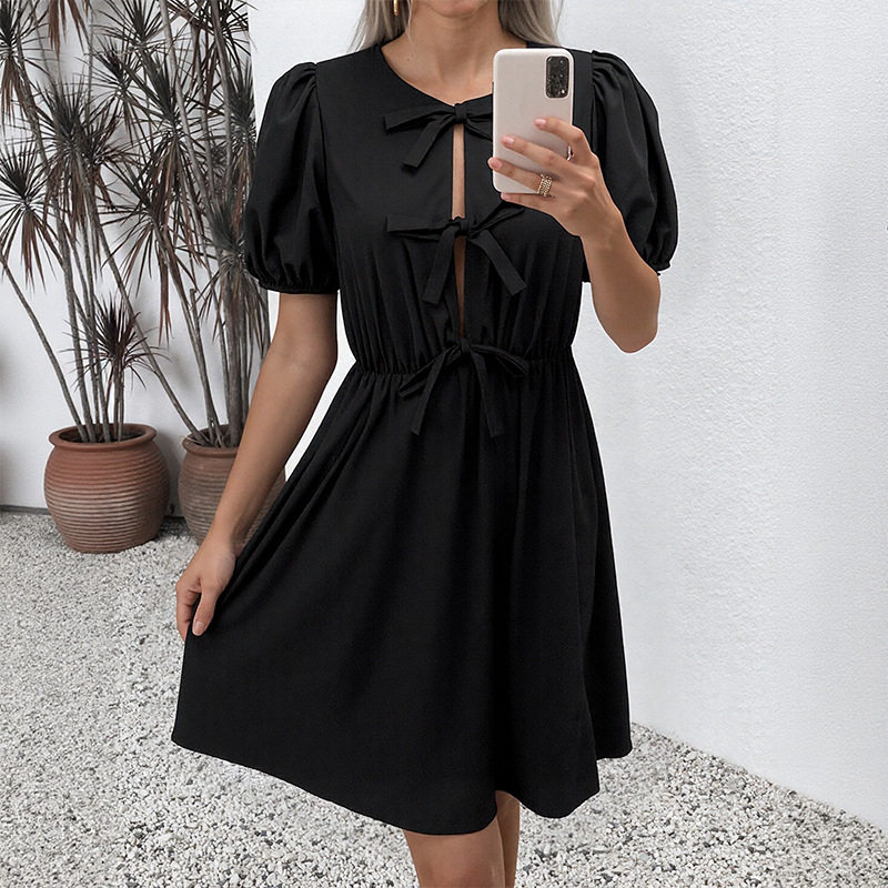 Vintage Striped Dress Summer Collection Round Neck Bow Tie Detail Elegant Style Wholesale Available
