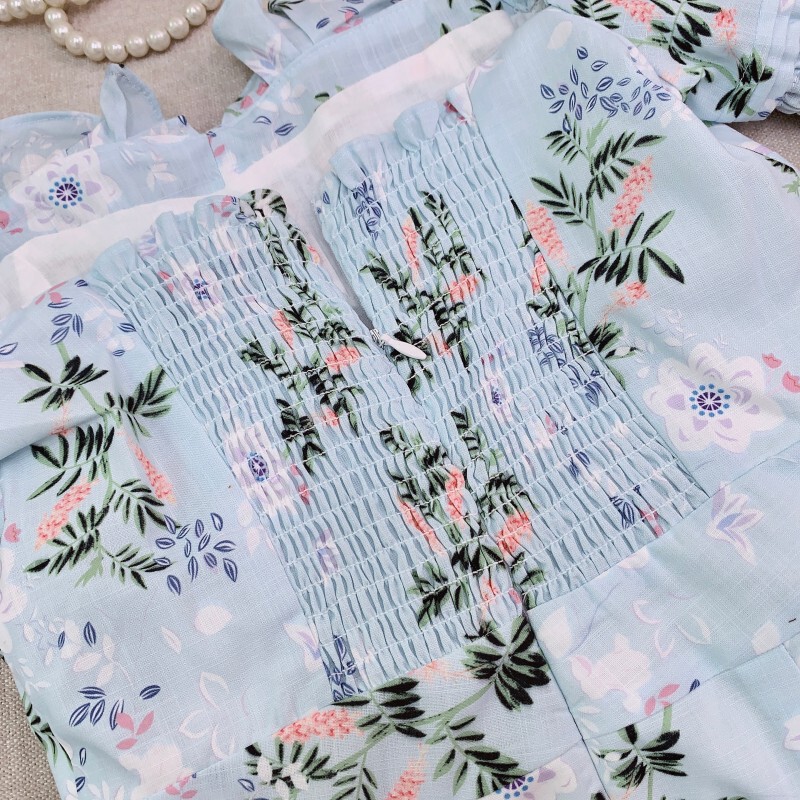 Đầm linen in hoa phong cách Pháp cổ vuông tay phồng dáng chữ A — Riviera của Nice