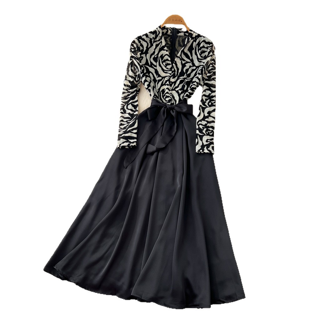 Elegant Womens Long Sleeve Dress High End French Style Floral Mesh Waist Tie A Line Silhouette Autumn Collection