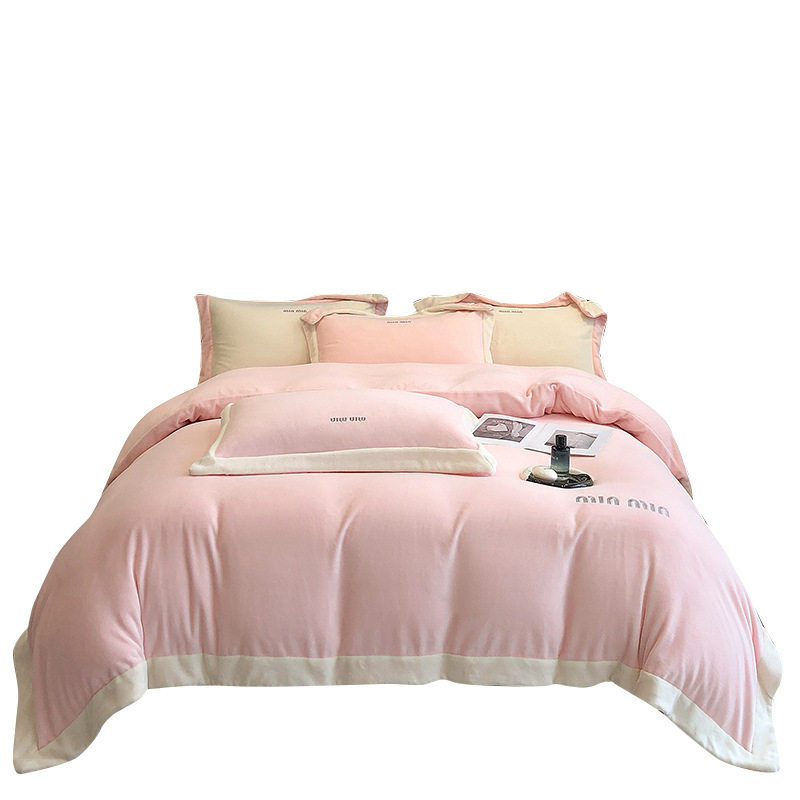 Simple and Luxurious Winter Thickeneded Embroidered Wide-Brimmed Milk Velvet Four-Piece Set with High Weight, Warm and Anti-Static Quilt Cover and Bed Sheetss