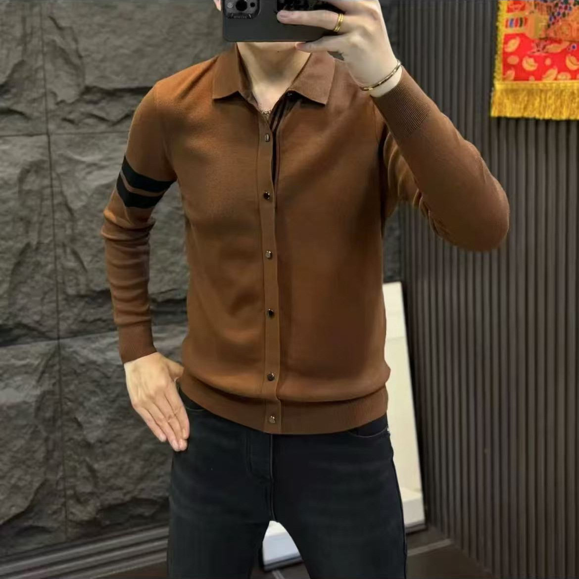 男士长袖针织衫假外套修身翻领毛织衬衫弹力休闲毛衣秋冬时尚上衣