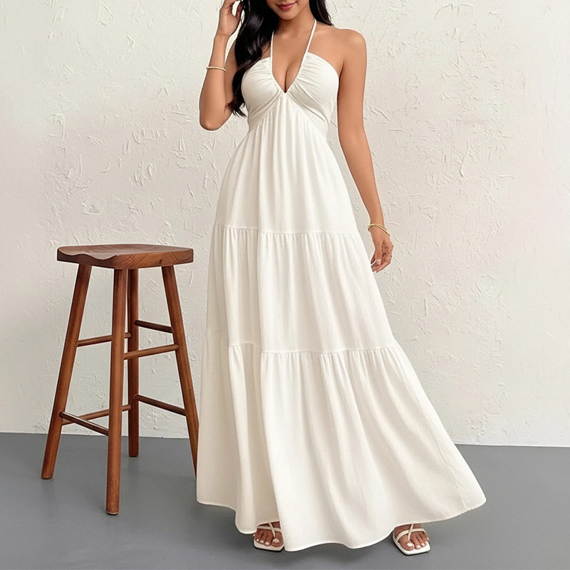 Summer Womens Maxi Dress Sexy Halter Neck Deep V Open Back Tied Design Vacation Style Wholesale Available
