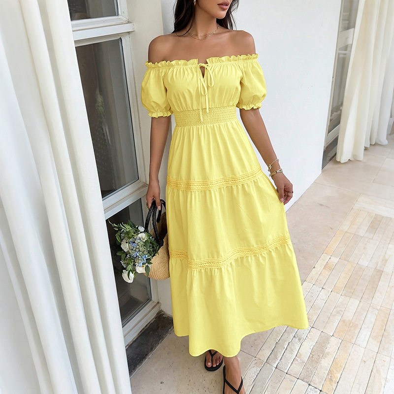 Off Shoulder Puff Sleeve Cake Dress Solid Color Fresh Vacation Style Perfect for Summer Events Wholesale Available