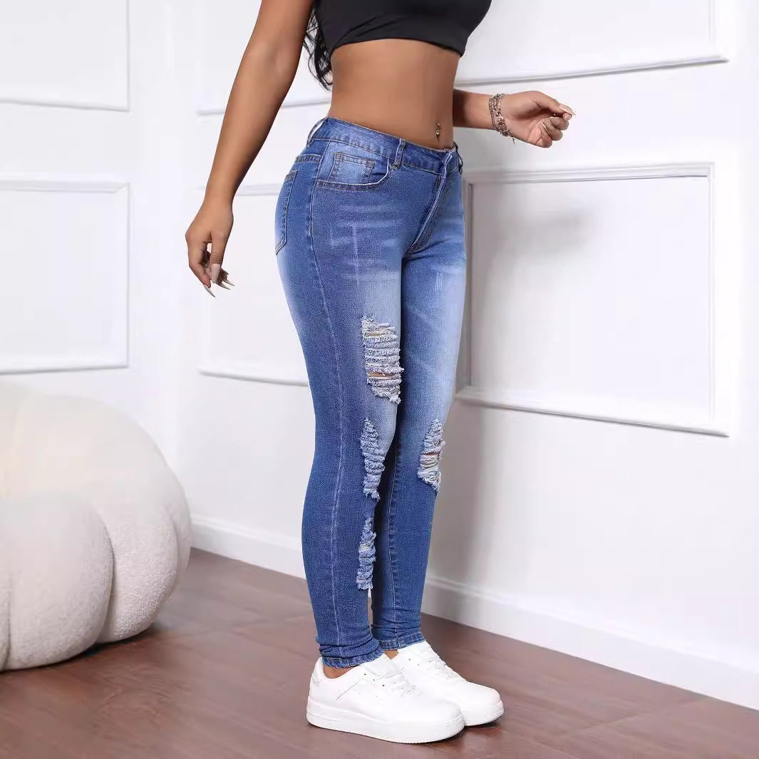 Skinny Jeans High Elasticity Distressed Design Versatile Fit Womens Casual Wear Wholesale Available