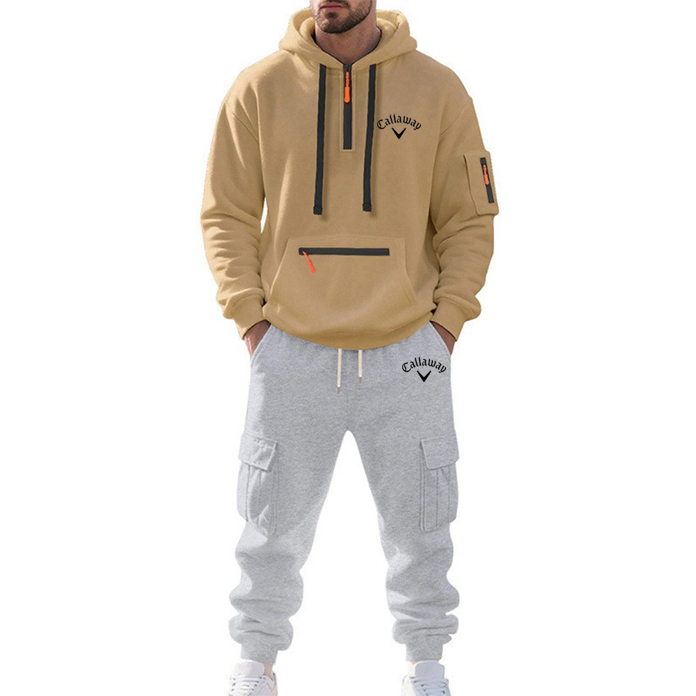 2025跨境男装亚马逊冬季加绒男士休闲套装宽松运动多口袋工装套装