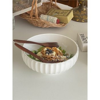 Simple White Vertical Pattern Light Relief Large Soup Bowl Ins Korean-style All-match Suo Powder Noodle Bowl for Eating Snail Powder Salad