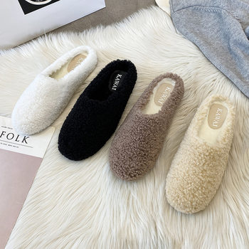 2025 New Furry Outer Shoes Autumn and Winter Fleece-Lined Lamb Wool Slippers Women's Casual Flats Furry Shoes Women's 43