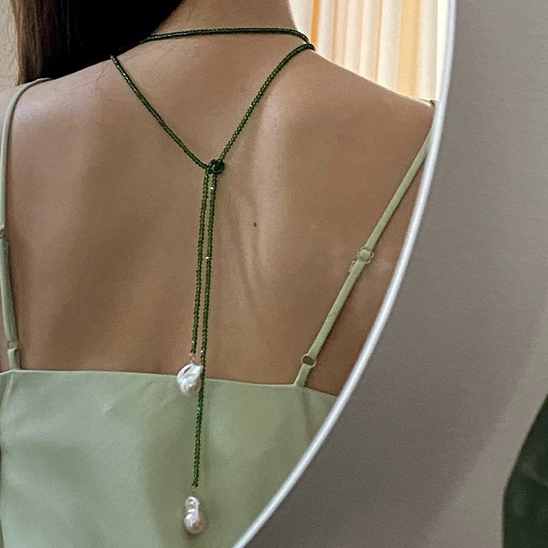 French Niche Emerald Green Pointed Crystal Natural Baroque Pearl Necklace Women's Ins High-end Multi-use Long Chain