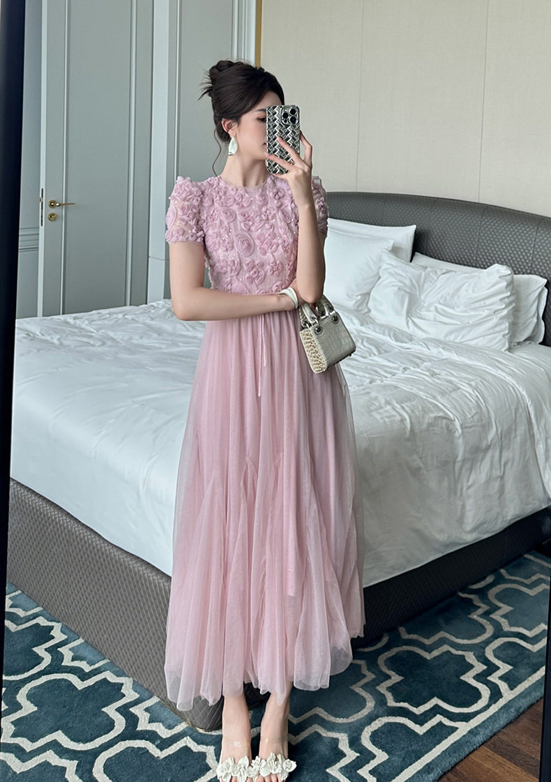Đầm suông nữ tay ngắn cổ tròn chất liệu lưới voan phối ren nổi 3D — [Hồng], [Mơ] chi tiết 18