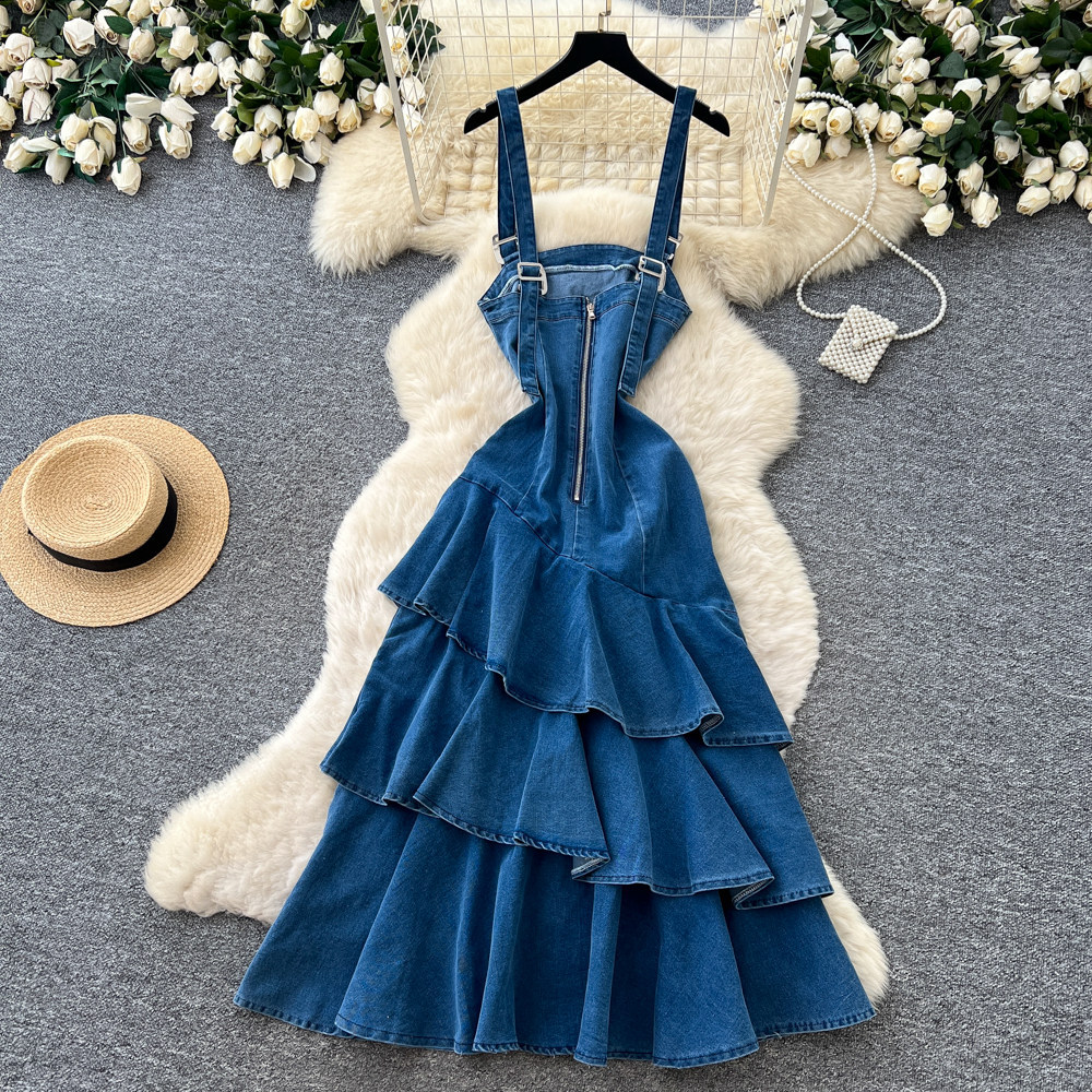 Korean Style Denim Ruffle Hem Maxi Dress Irregular Fish Tail Design Slim Fit Summer Fashion Wholesale Available