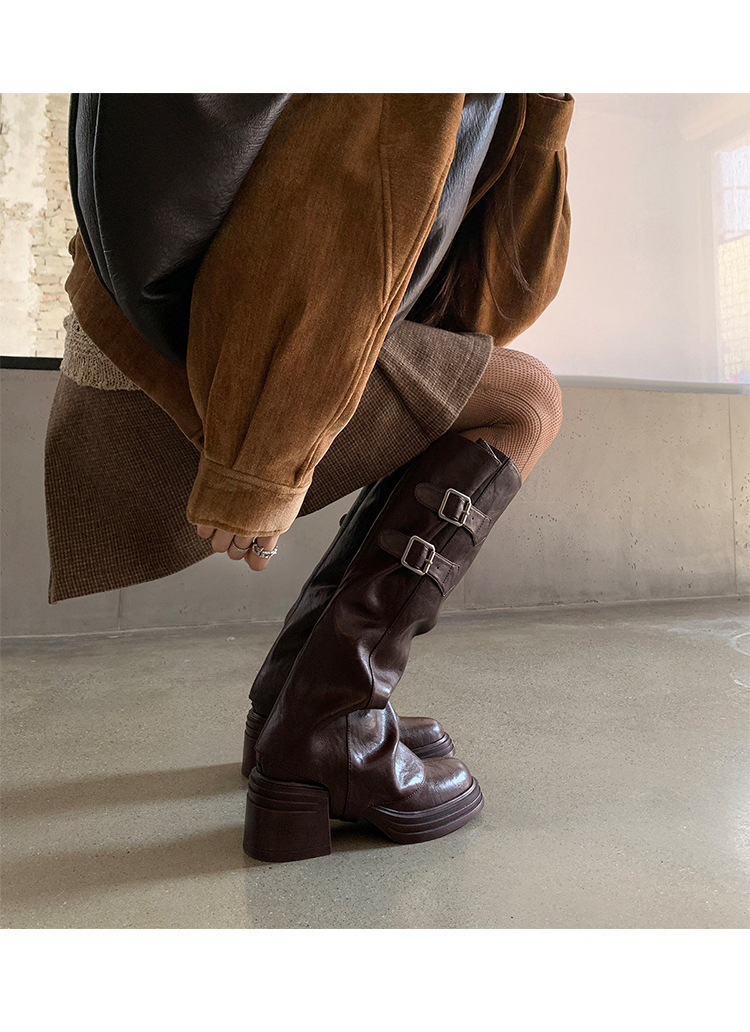 Boot nữ cổ cao ôm bắp chân đế dày khóa thắt lưng, ống rời hai kiểu mặc — Lớp lót đơn màu đen, Lớp lót đơn màu nâu, Lót nhung đen, Lót nhung màu nâu
