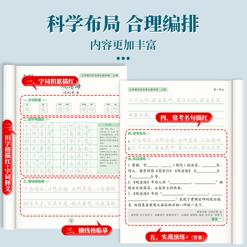 2024 New Edition of Junior High School Seventh Grade Ancient Poetry Practice Copybook People's Education Edition Chinese Textbook Synchronous Red Practice Book