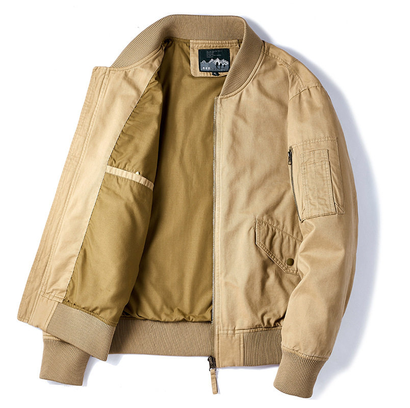 Áo Khoác Bomber Nam Vải Cotton Giặt Nước Cổ Bóng Chày Màu Xanh Olive, Đen, Xanh Navy, Be