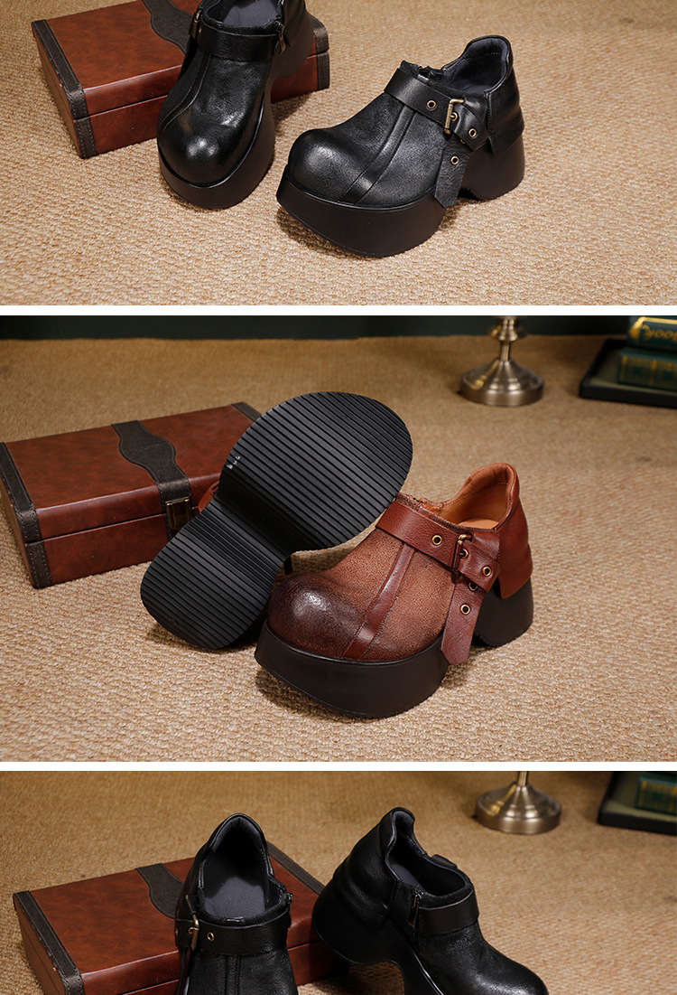 Boot nữ cổ thấp da bò thật đế dày khóa kéo hông phong cách cổ điển — Màu cà phê, màu đen