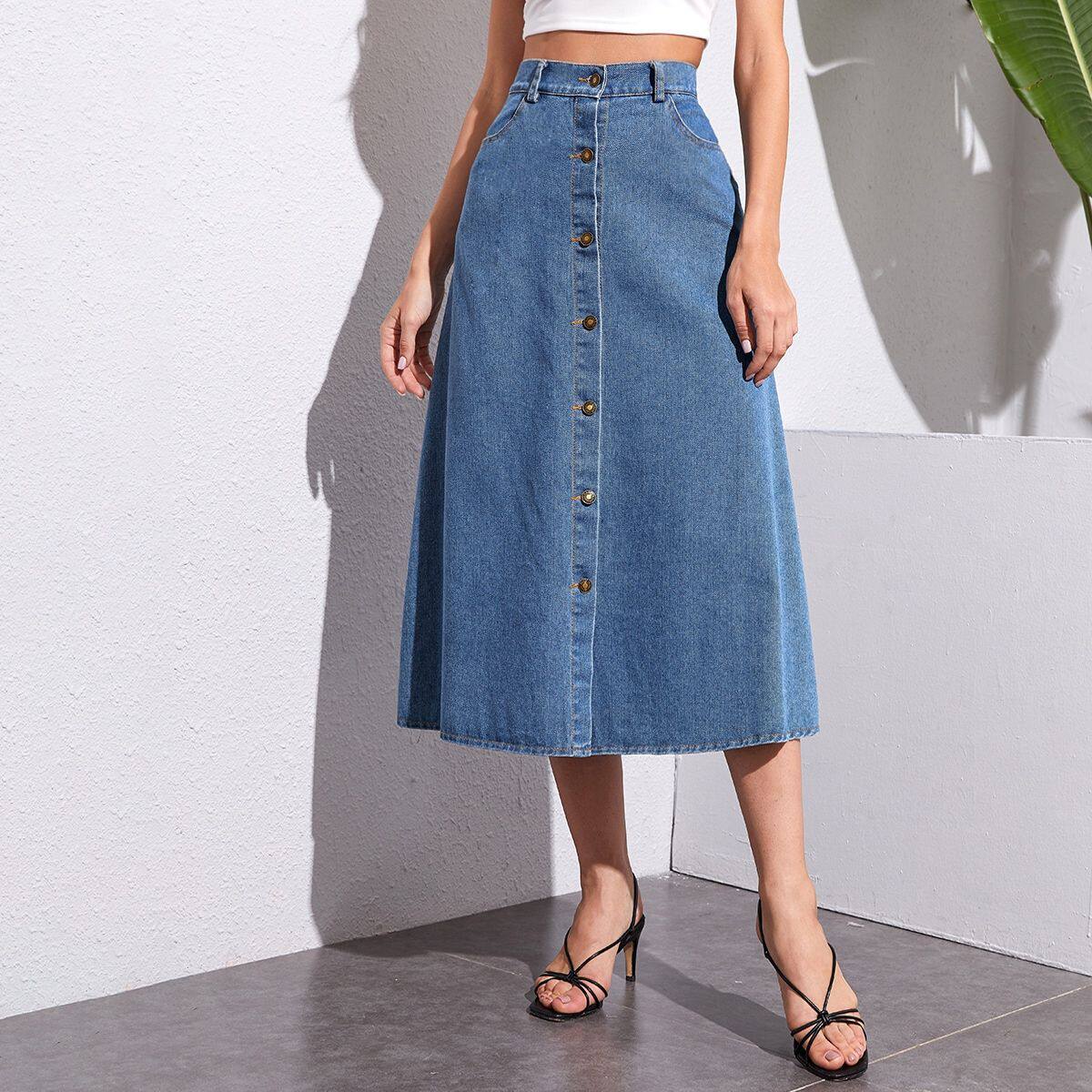 High Waisted Denim Midi Skirt Button Detail Trendy Design Casual Style Wholesale Availability