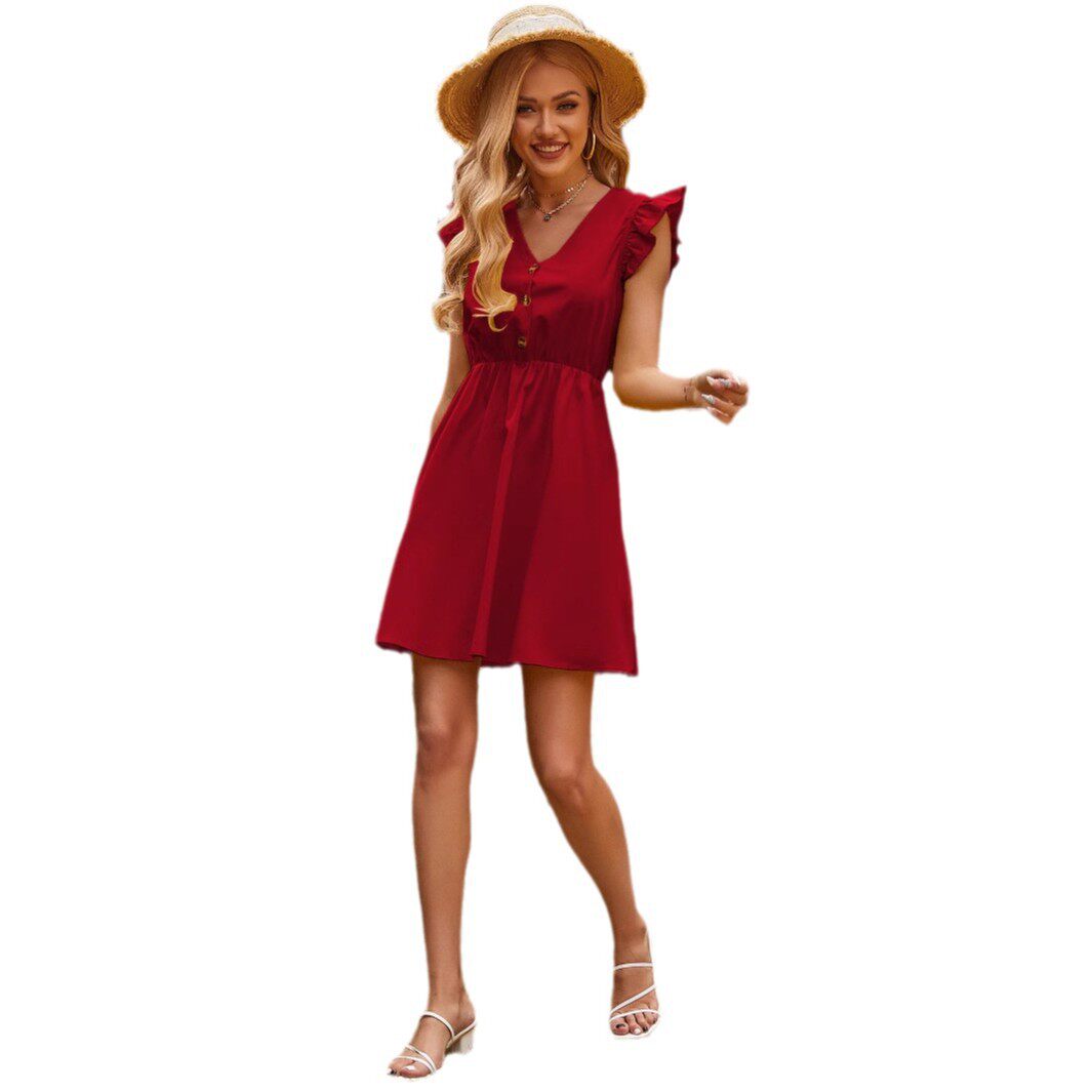 High Waist Sleeveless Dress Ruffle Hem Button Detail Elegant Style Perfect for Summer Events Wholesale Available