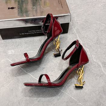 In-Stock Summer New Fashion Open-Toe Sandals, European and American Large Sizes, Single Strap with Lettering, Irregular Heel, Stylish High-Heeled Sandals