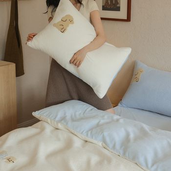 Towel Embroidered Warm Woolen Double-Sided Milk Velvet Four-Piece Set Cute Cartoon Three-Piece Set Thickeneded Warm Bedding