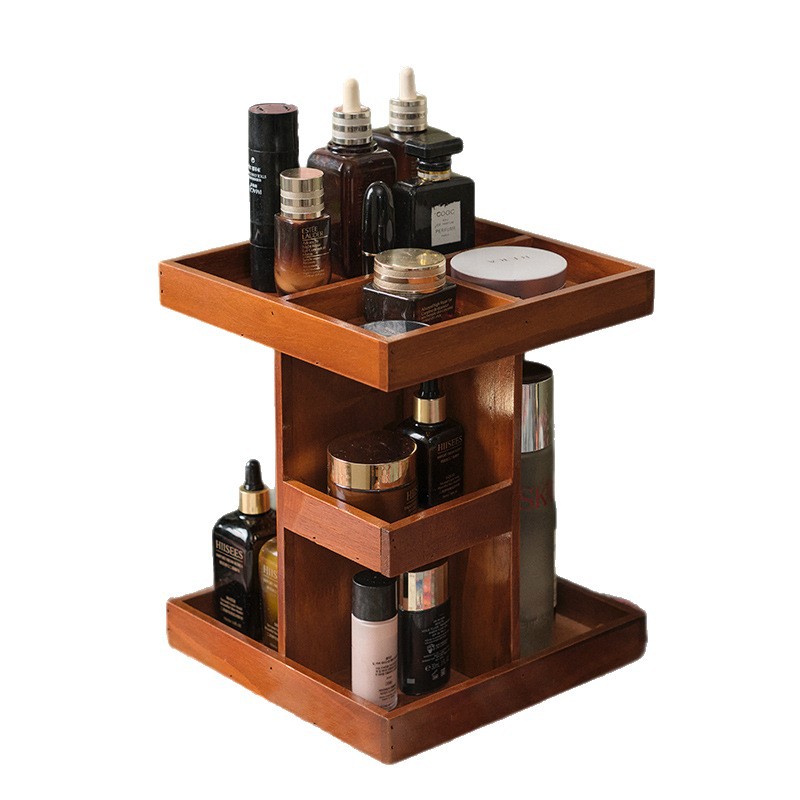 Cosmetics Storage Box 360-Degree Rotating Dressing Table Layered Organizer Desktop Lipstick Wooden Skin Care Product Storage Rack