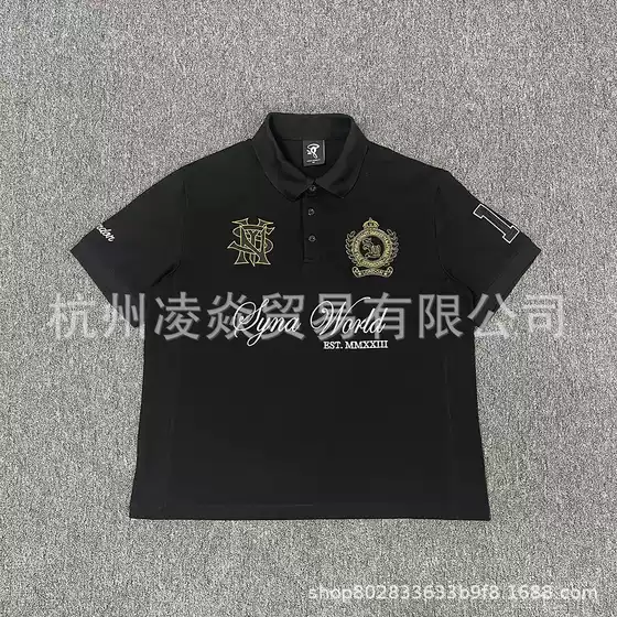 Synaworld Trendy Brand Comic Print Short-Sleeve London Embroidery Black Polo Shirt Celebrity Style Loose Fit