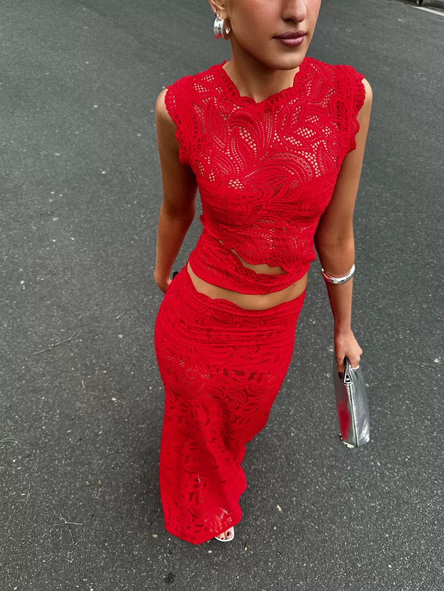 Red Lace Sleeveless Top and Mermaid Skirt Set Sexy Design Irregular Hem Elegant Style Perfect for Parties and Events