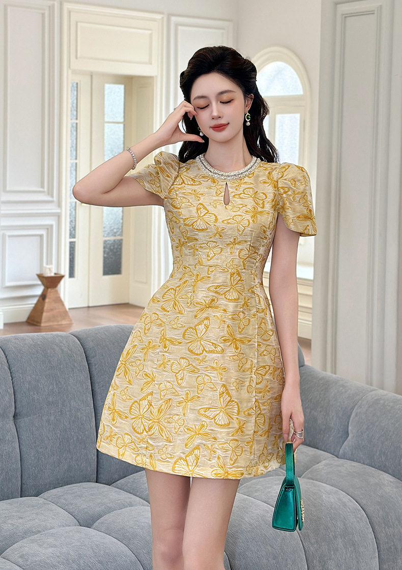 Đầm suông midi retro phong cách Pháp in họa tiết tay ngắn — [Vàng] chi tiết 7
