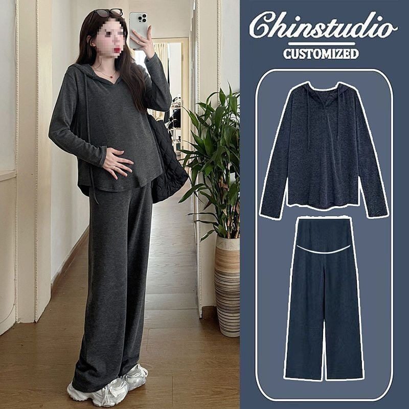 Maternity Wear, Spring & Fall Loose Long-Sleeved Hooded Tops, Korean Style Fashionable Casual Outer Wear Belly Support Pants, a Complete Set for Hot Moms