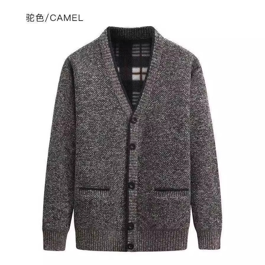 一件代发  冬季中年男加绒毛衣开衫 加厚V领中老年爸爸装针织外套