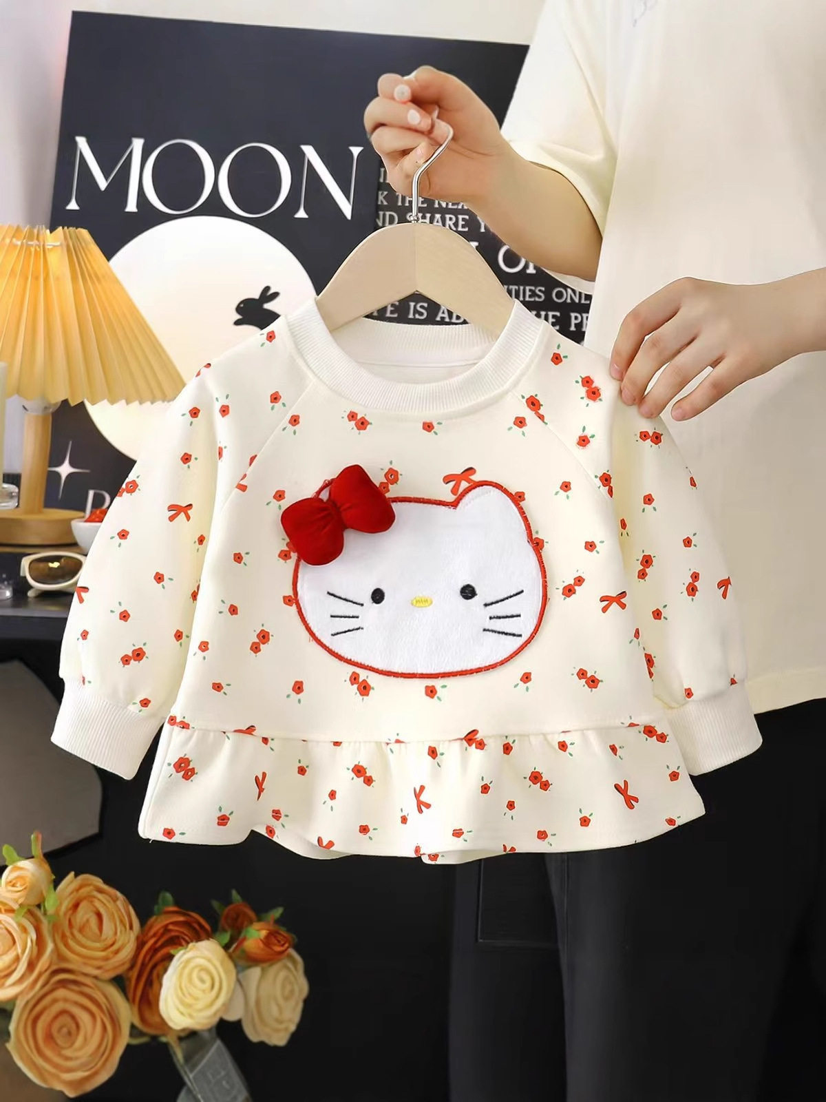 Girls' Autumn Pullover Hoodie, New Cute Stylish Cartoon Cat & Rabbit Print Floral Hem Top