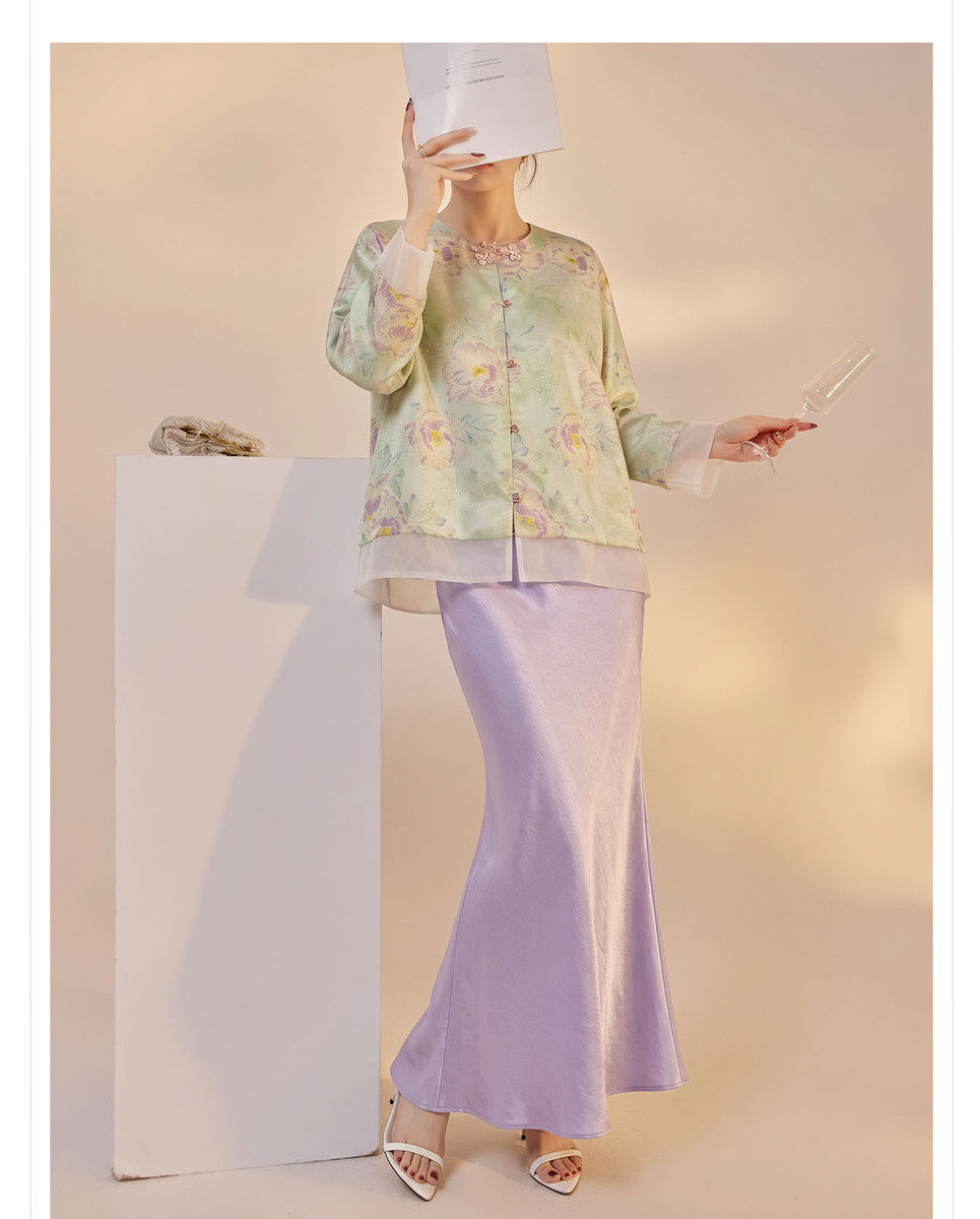 Bộ áo khoác dệt jacquard dáng dài tay kèm chân váy dài nữ tính — Chân váy màu tím, Xuân Huy Lục, Bộ