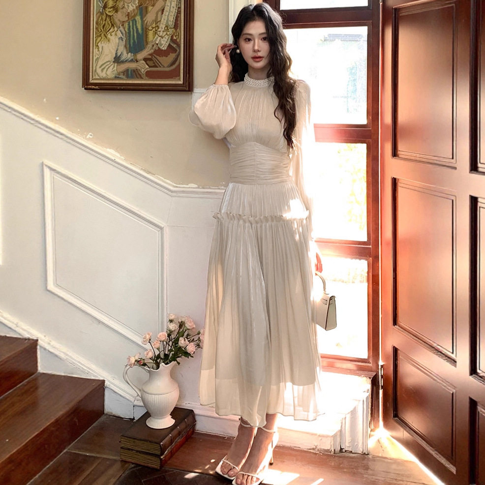 Korean Lantern Sleeve Long Dress Beaded Stand Collar Waist Defining A Line Wrinkled Shiny Fabric Beach Vacation