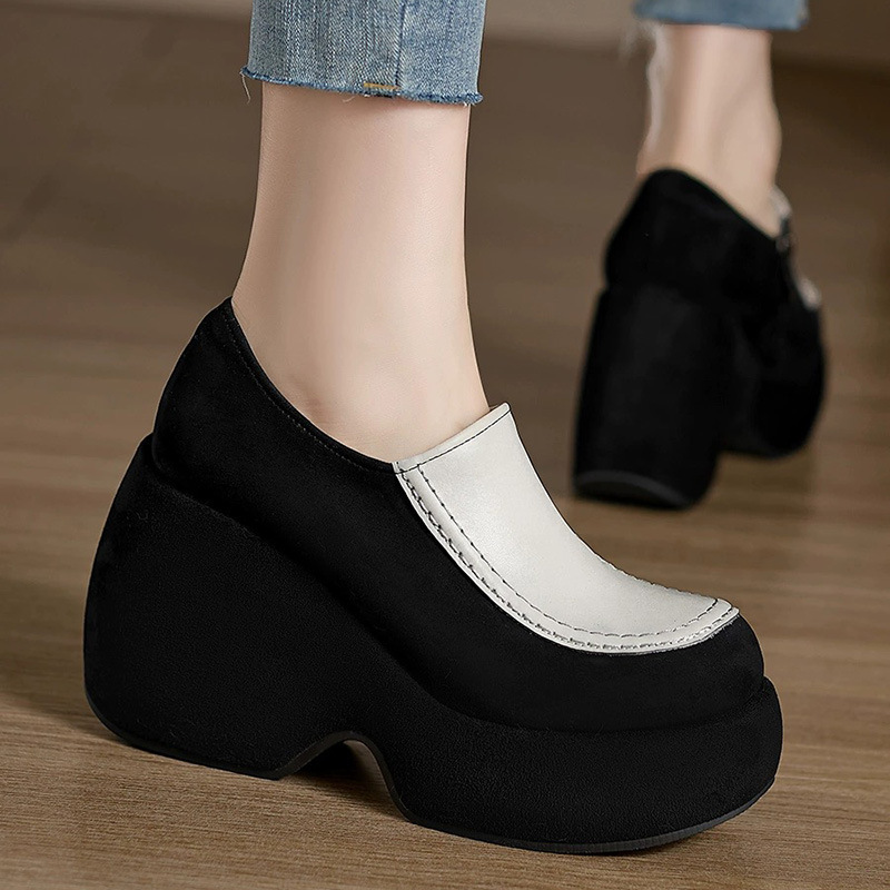 Giày cao gót nữ đế xuồng platform 10cm mũi tròn tôn dáng — Màu đen, Màu trắng