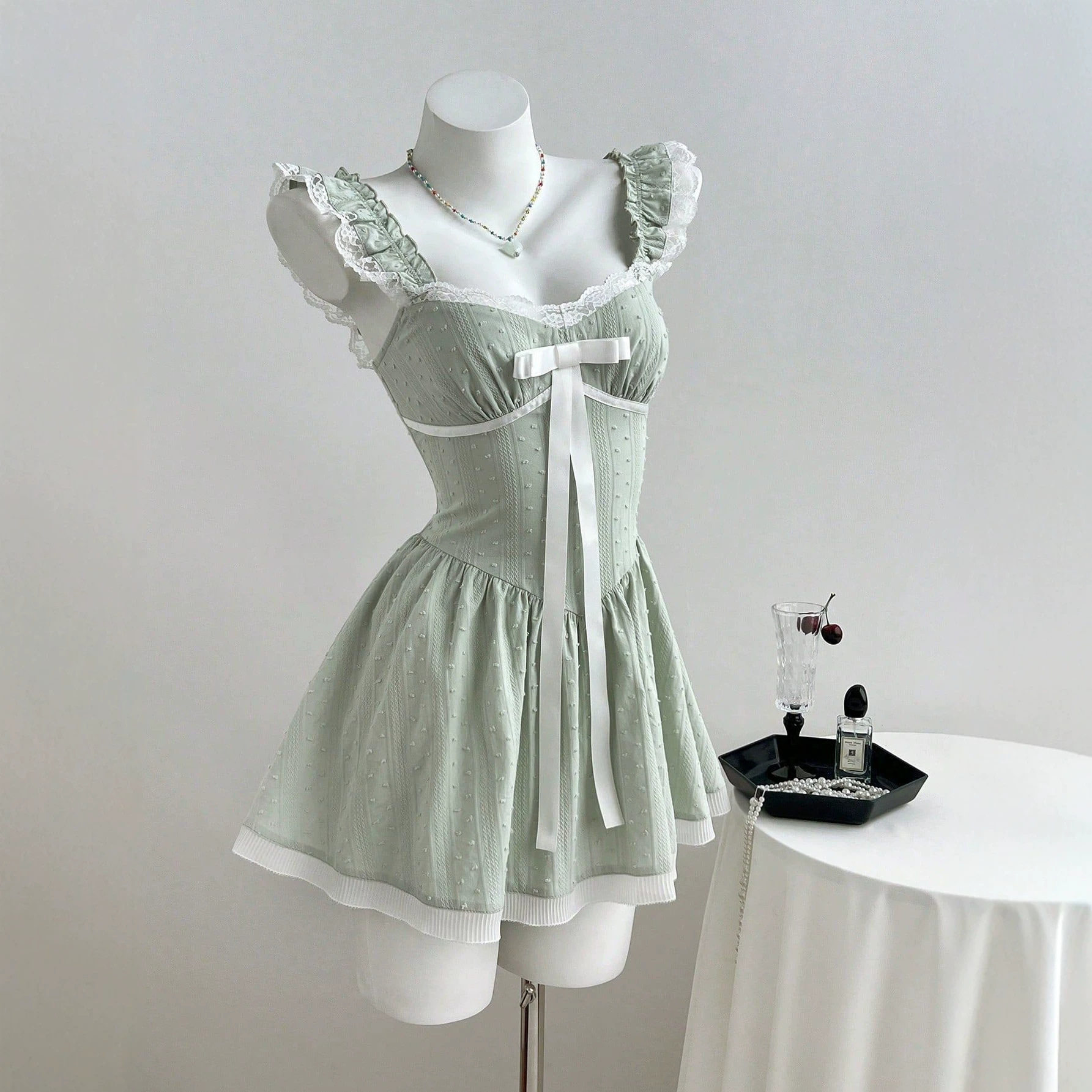 Lace Trim Bow Tie Mini Dress Womens Sleeveless Elegant Design Perfect for Parties Ready to Ship Low MOQ