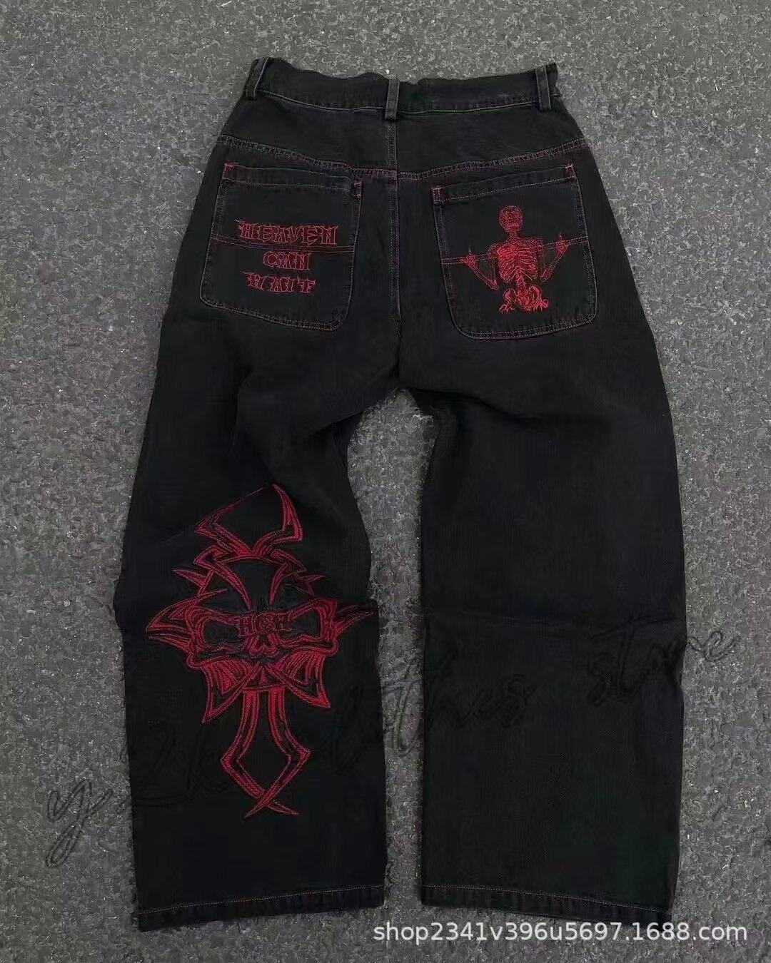 2024春秋季新款跨境美式潮牌复古水洗Y2K刺绣嘻哈图案男式牛仔裤