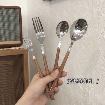 Portable Stainless Steel Tableware Chicken Wing Wood Chopsticks Imitation Wooden Handle Household Stainless Steel Spoon Fork Western Food Set