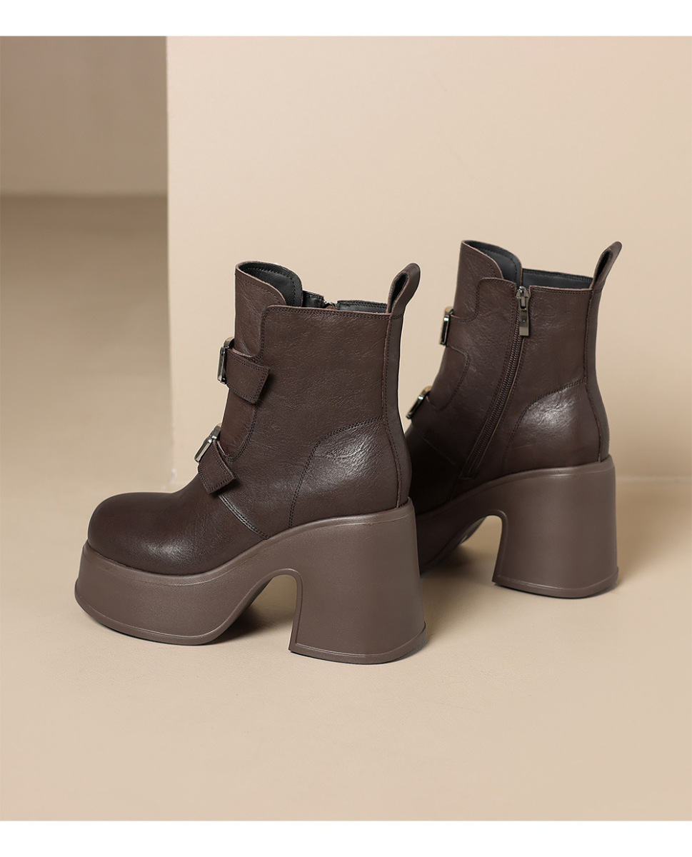 Boot nữ cổ thấp da bò thật khóa kéo bên hông, đế dày tăng chiều cao — Lớp lót đơn màu đen, Lớp lót đơn màu nâu, nhung đen, Nhung nâu