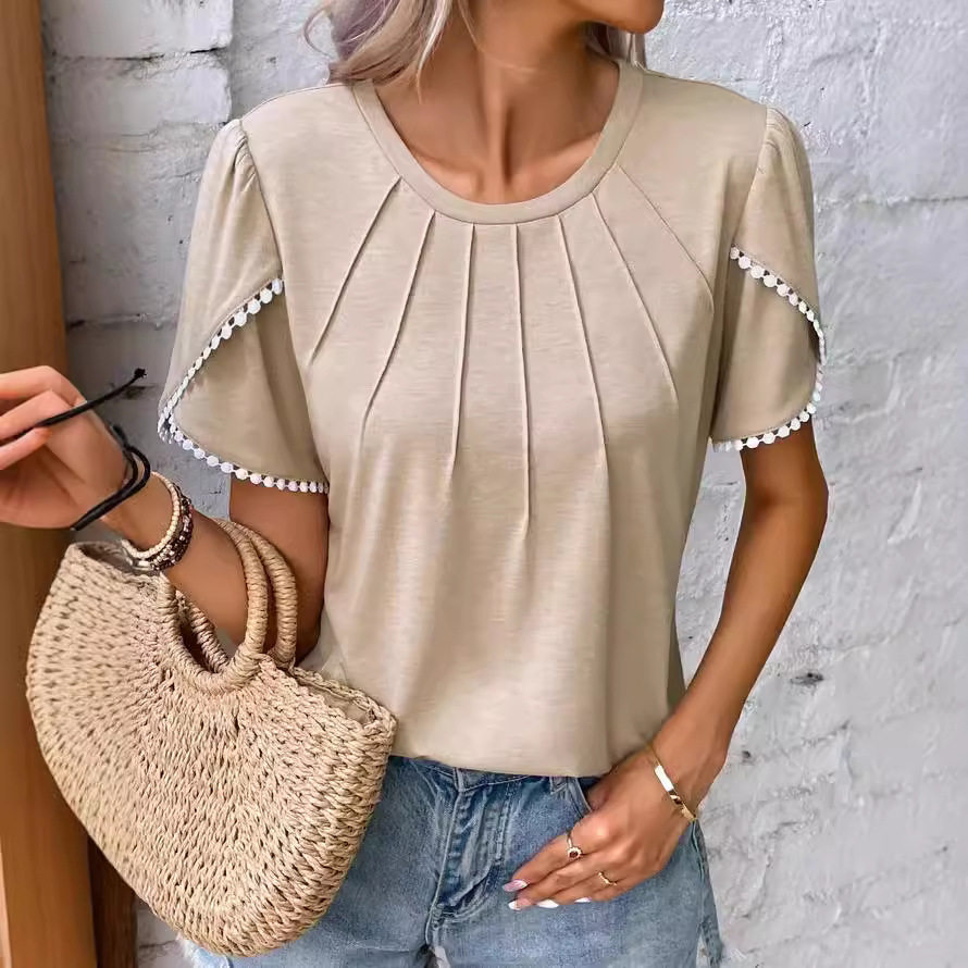 Short Sleeve Pleated T Shirt Round Neck Petal Sleeves Lightweight Fabric Summer Casual Wear for Women Wholesale
