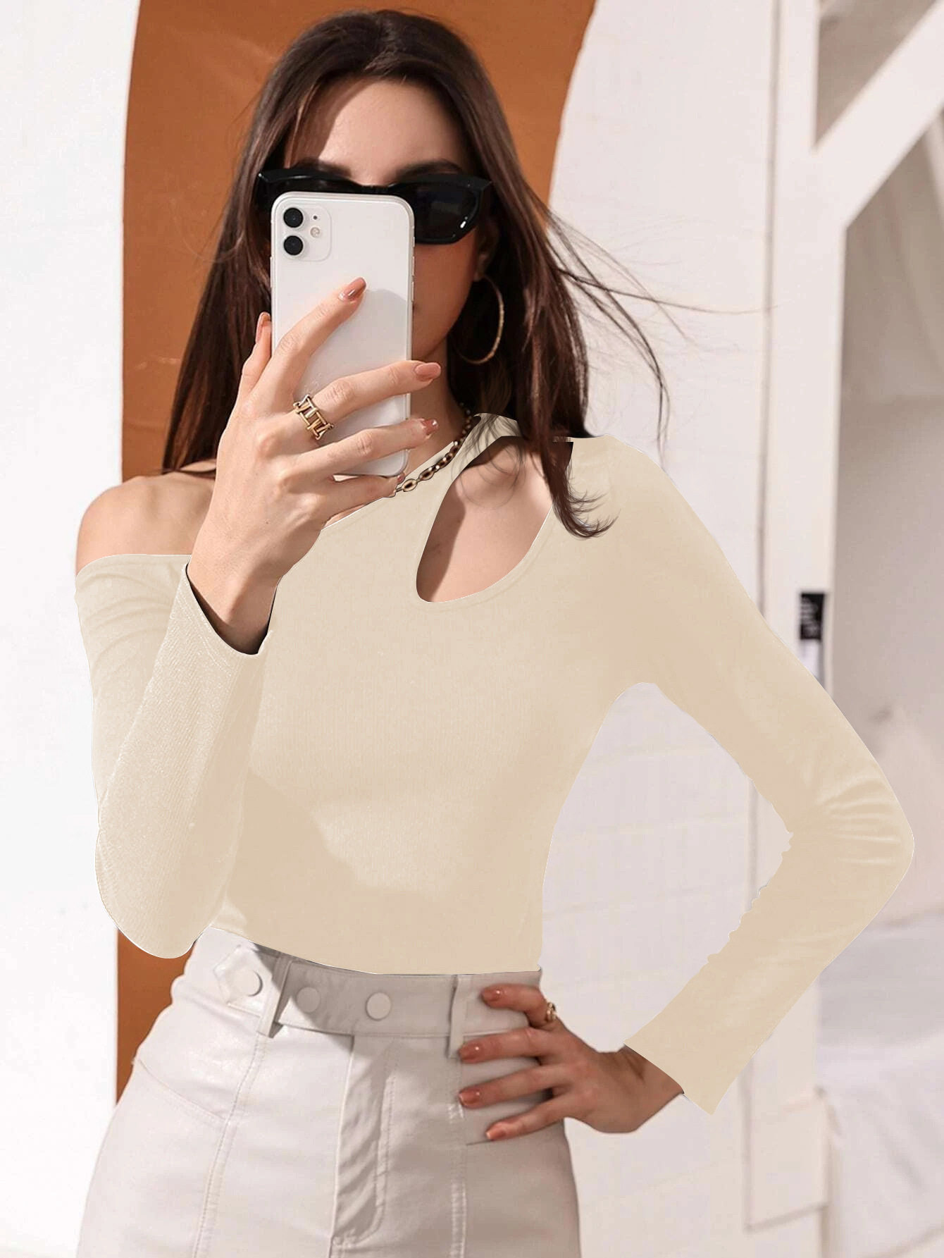 Womens Long Sleeve T Shirt Sexy Hollow Out Waist Defining Casual Style Autumn Winter Collection Ready to Ship