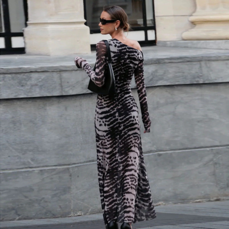 Zebra Print Off Shoulder Long Sleeve Dress Vintage Style Slim Fit Fashionable Design Autumn Collection Wholesale