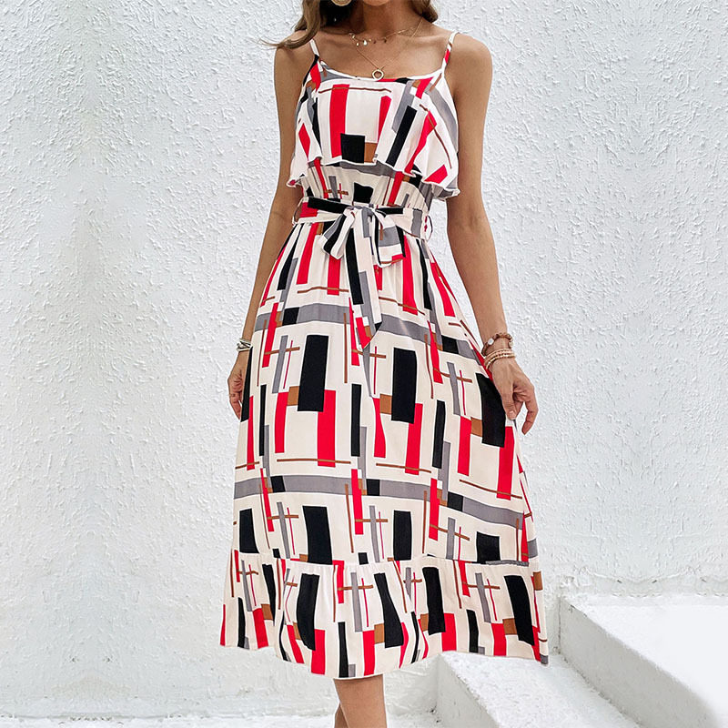 Elegant Ruffled Hem Geometric Print Maxi Dress Colorful Trendy Sleeveless Perfect for Summer Events Wholesale