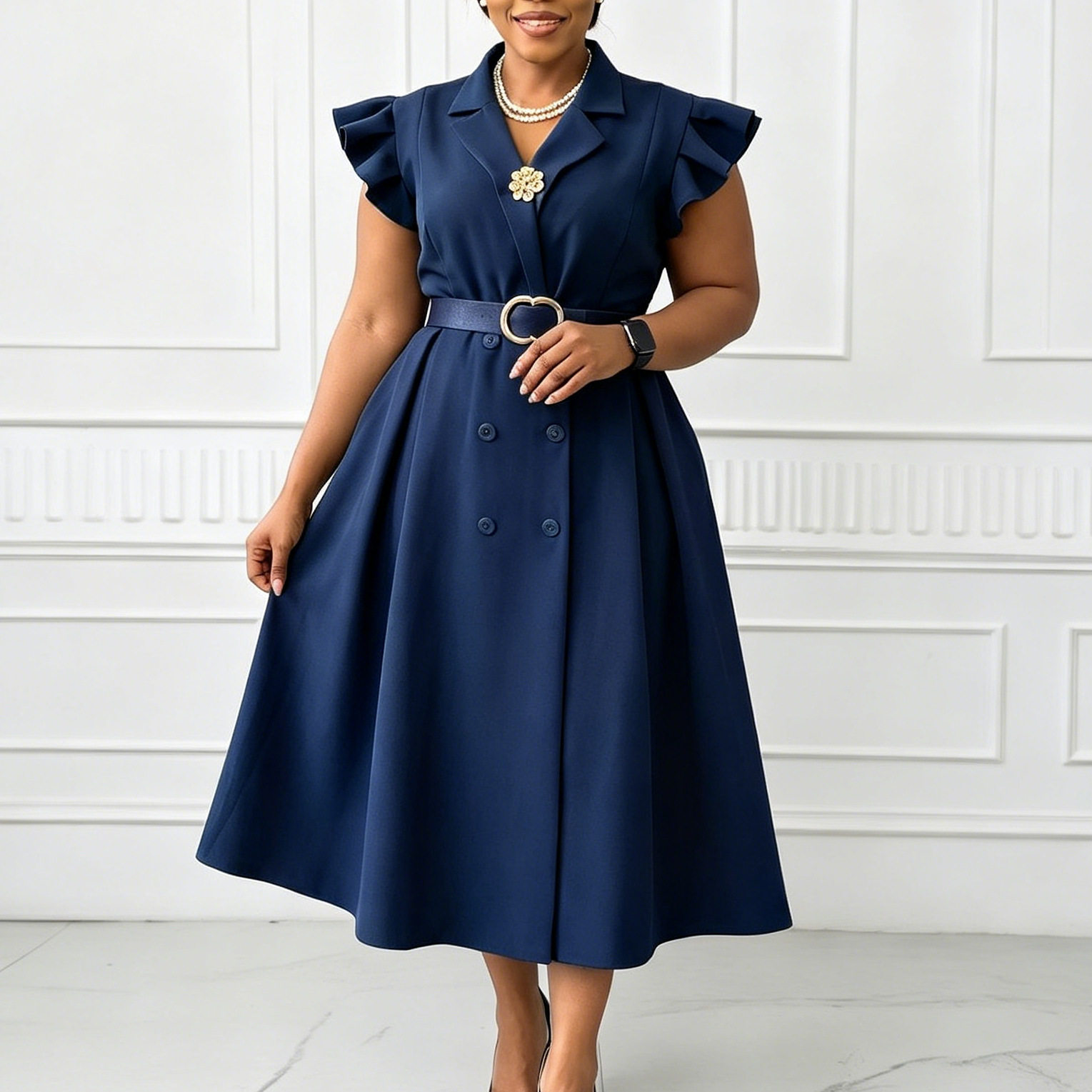 Elegant Double Breasted African Print Dress Mid Length Suit Collar Summer Style Wholesale Available